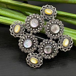 Vintage 925 Sterling Silver Filigree Marcasite Abalone Yellow Moonstone Brooch